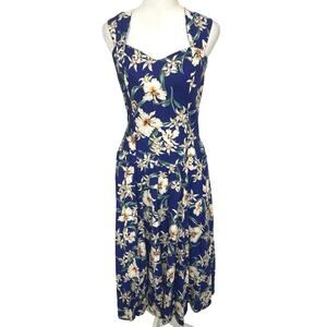 Vintage Royal Creations Cotton Hawaiian Blue Floral Fit To Flare Midi Dress Med